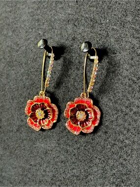 Gold-Tone Red Floral Drop Earrings with Crystal Accents